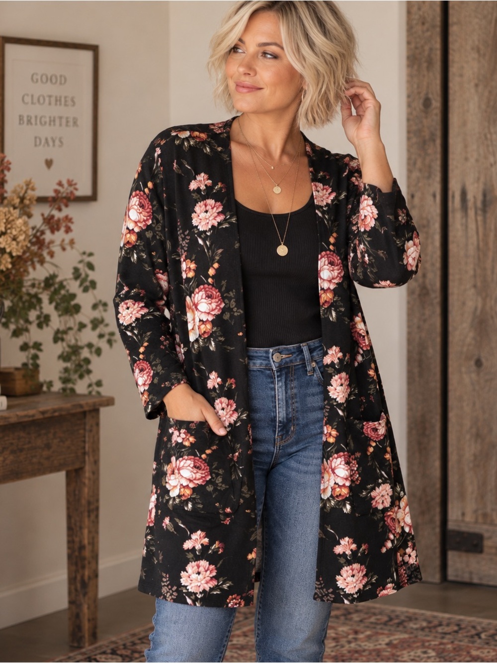 WallFlower Floral Cardigan Women XL Black Longline Open Front Pockets Boho